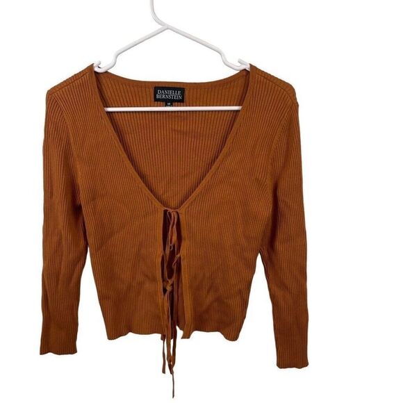 Danielle Bernstein Revolve Ribbed Rust Orange Tie Front Cardigan Rayon Nylon Siz - Picture 2 of 7